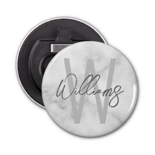 White Marble Script Specialized Monogram and Name Button Flesopener