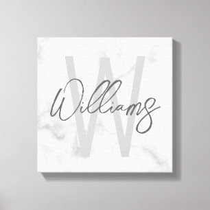 White Marble Script Specialized Monogram and Name Canvas Afdruk