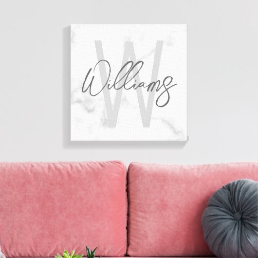 White Marble Script Specialized Monogram and Name Canvas Afdruk (Insitu (Woonkamer))
