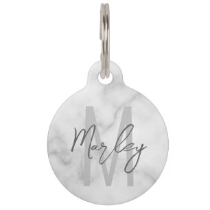 White Marble Script Specialized Monogram and Name Huisdierpenning