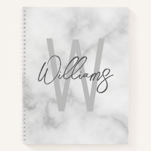 White Marble Script Specialized Monogram and Name Notitieboek (Voorkant)