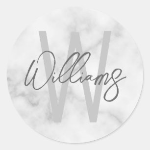 White Marble Script Specialized Monogram and Name Ronde Sticker