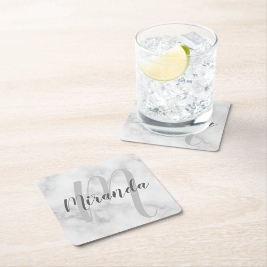 White Marble Script Specialized Monogram and Name Vierkante Kartonnen Onderzetter (Insitu)