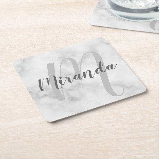 White Marble Script Specialized Monogram and Name Vierkante Kartonnen Onderzetter (Schuin)