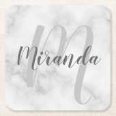 White Marble Script Specialized Monogram and Name Vierkante Kartonnen Onderzetter (Voorkant)