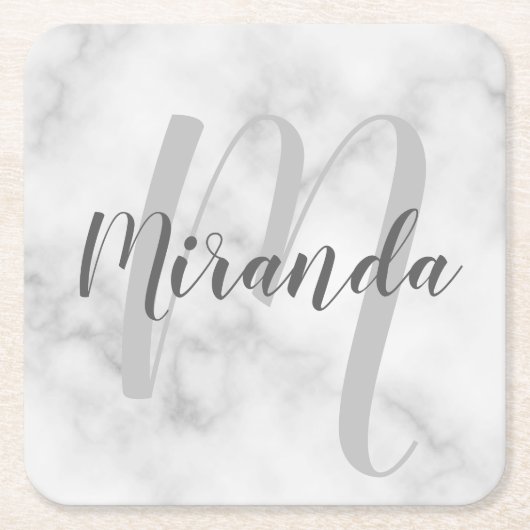 White Marble Script Specialized Monogram and Name Vierkante Kartonnen Onderzetter (Voorkant)