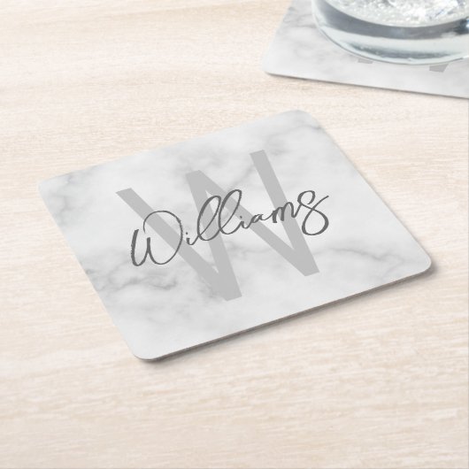 White Marble Script Specialized Monogram and Name Vierkante Kartonnen Onderzetter (Schuin)