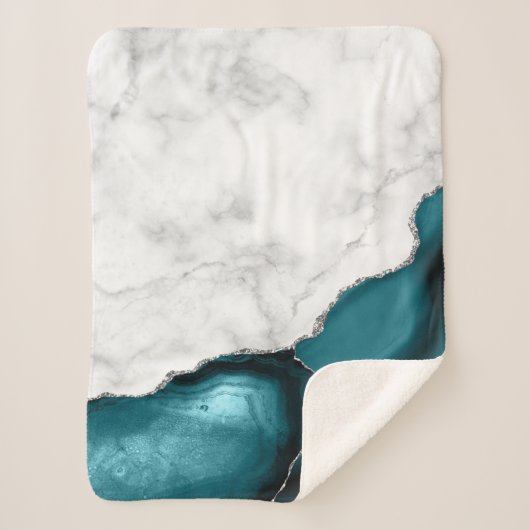 White marble Silver Glitter Blauwgroen Blue Agate Sherpa Deken (Voorkant)