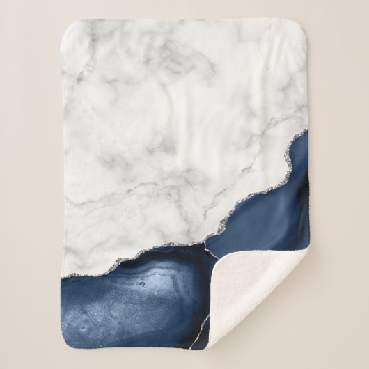 White marble Silver Navy Blue Agate Sherpa Deken (Voorkant)