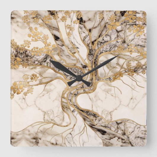 White Marble Tree of Life Abstract Vierkante Klok (Voorkant)