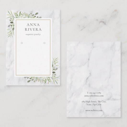 White Marble Waterverf Greenery Earing Display Visitekaartje (Voorkant / Achterkant)