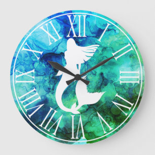 White Mermaid Silhouette & Ocean Swirls Grote Klok