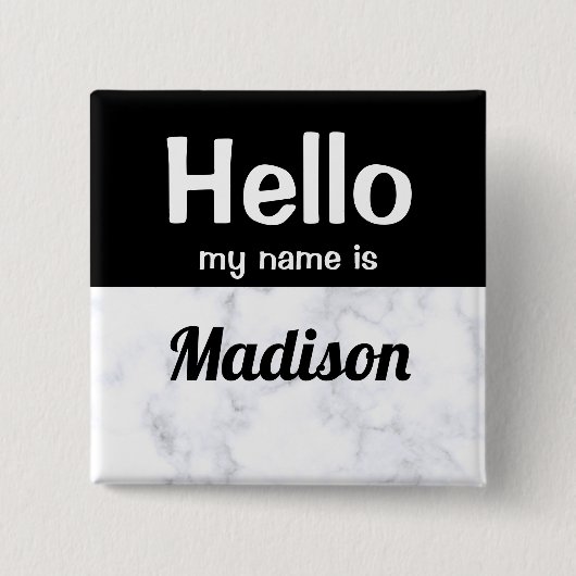 White met Black Hallo Custom Name Label Vierkante Button 5,1 Cm (Voorkant)