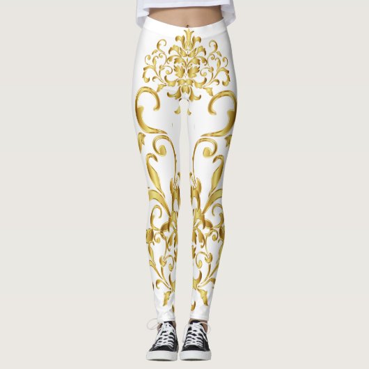 White met Gold Damask Details Athletic Leggings (Voorkant)