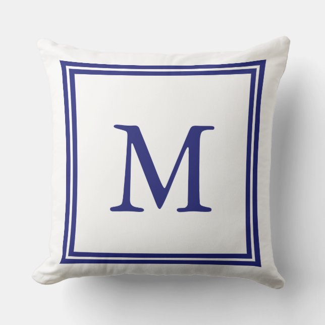 White met Nautical Blue Double Lijst Monogram Kussen (Voorkant)
