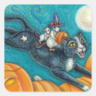 WHITE MICE & BLACK CAT OP HALLOWEEN SCAVENGER HUNT VIERKANTE STICKER