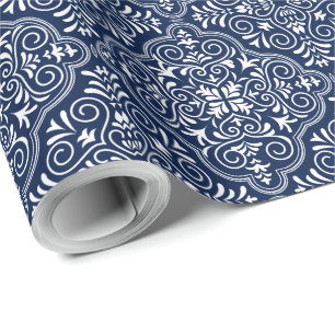 White & Midnight-Blue Moroccan geometric Pattern Cadeaupapier