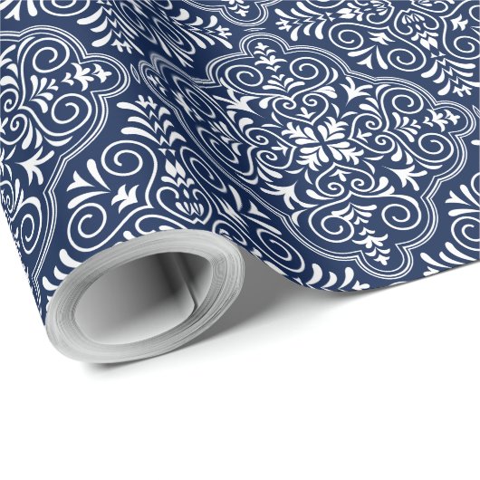 White & Midnight-Blue Moroccan geometric Pattern Cadeaupapier (Rol Hoek)