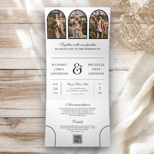 White Minimal Arch Photo QR code Wedding Drieluik Uitnodiging