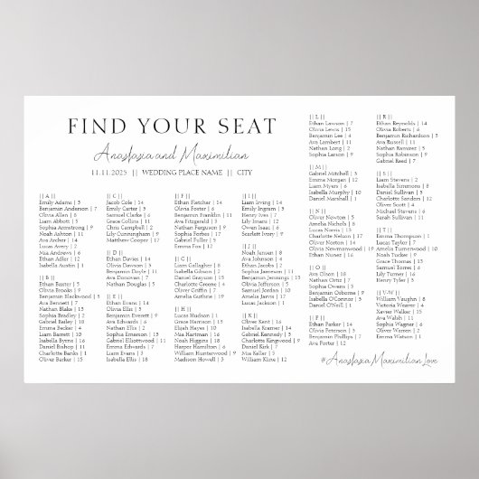 White Minimal Wedding Alphabetical Seating Chart Poster (Voorkant)