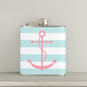 White Mint & Pink Wide Stripes Pattern Anchor Heupfles