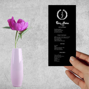 White Monogram Wreath on black Dinner Menu