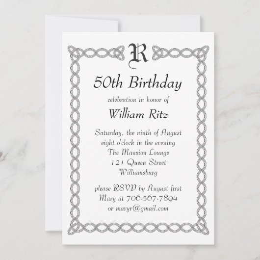 White Monogrammed Birthday Invitation Kaart (Voorkant)