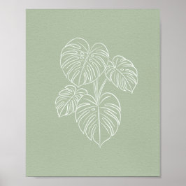 White Monstera Leaf Line Art on Sage Green Poster
