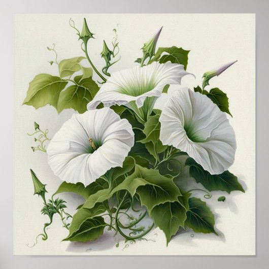 White Morning Glory Flowers Art Print Poster (Devant)
