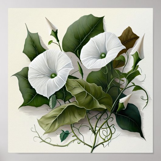 White Morning Glory Flowers Art Print Poster (Devant)