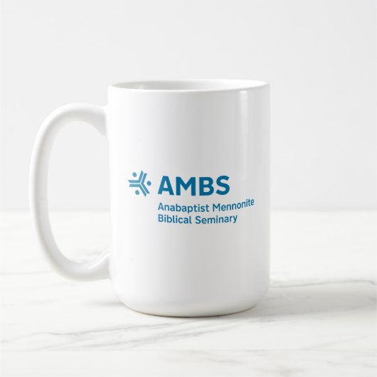 White mug with blue AMBS logo (Gauche)
