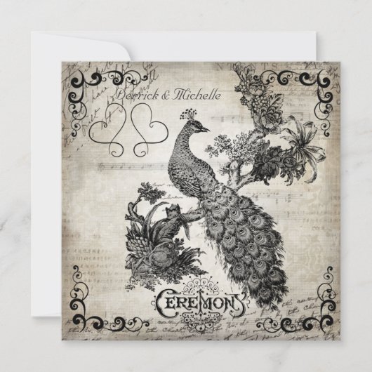 White Musical Notes Peacock Wedding Invitation Kaart (Voorkant)