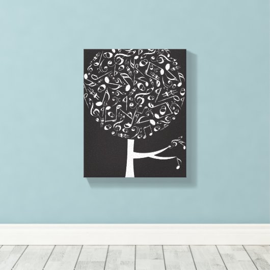 White Musical Notes Pop Tree Nursery Wall Art Canvas Afdruk (Insitu (Houten vloer))
