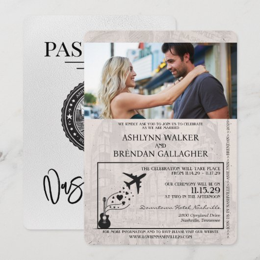 White Nashville Passport Wedding Invitation Kaart (Voorkant / Achterkant)