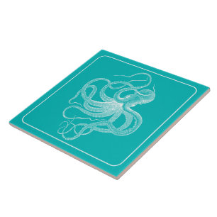 White Nautical Octopus on turquoise Tegeltje