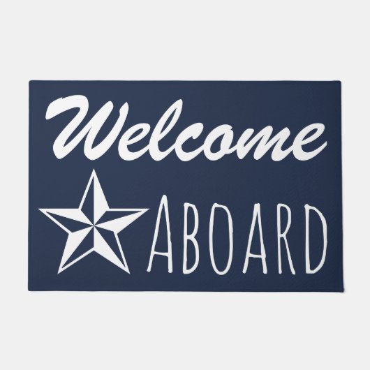 White Nautical Star & Navy Blue Welcome Aboard Deurmat (Voorkant)
