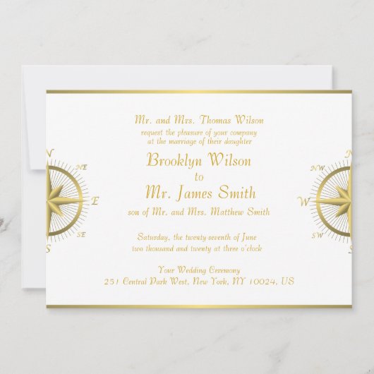 White Nautical Wedding Invitting Gold Compass Kaart (Voorkant)