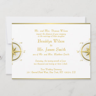 White Nautical Wedding Invitting Gold Compass Kaart