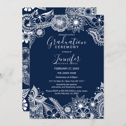 White Navy Blue Illustrative Florals Afstuderen Kaart (Voorkant / Achterkant)
