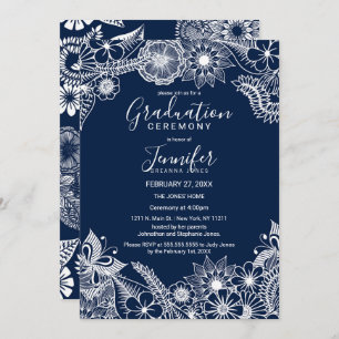 White Navy Blue Illustrative Florals Afstuderen Kaart