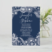 White Navy Blue Illustrative Florals Wedding Kaart (Staand voorkant)