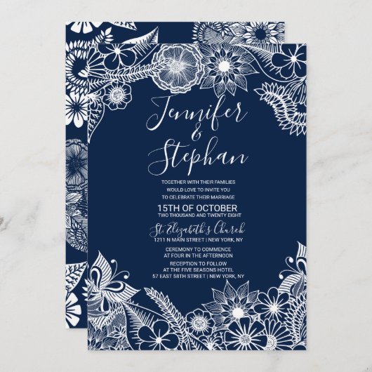 White Navy Blue Illustrative Florals Wedding Kaart (Voorkant / Achterkant)