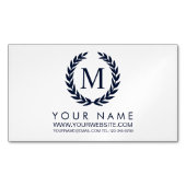 White & Navy Blue Laurel Wreate Monogram Magnetisch Visitekaartje (Voorkant)