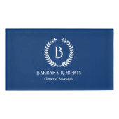 White & Navy Blue Laurel Wreated Custom Monogram Naambadge (Voorkant)