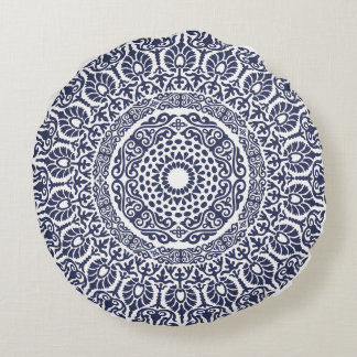White & Navy Blue Modern Mandala boho chic Indian Rond Kussen