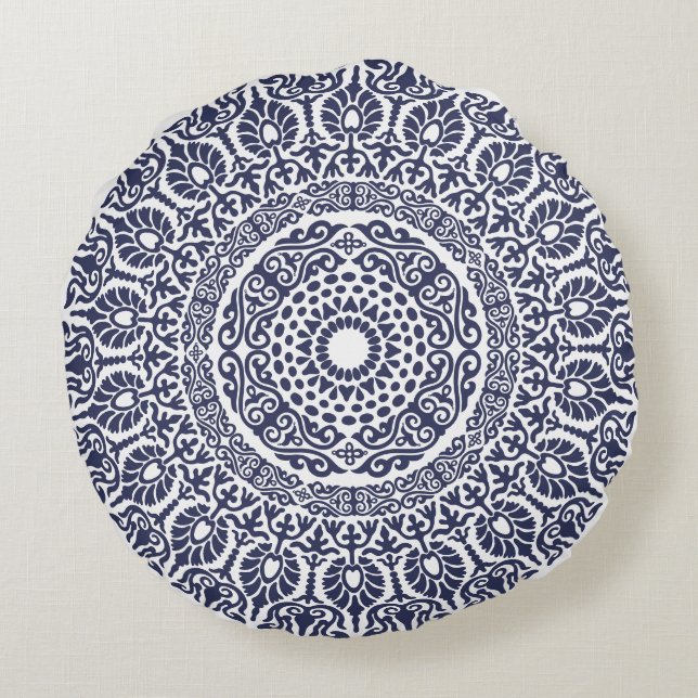 White & Navy Blue Modern Mandala boho chic Indian Rond Kussen (Achterkant)
