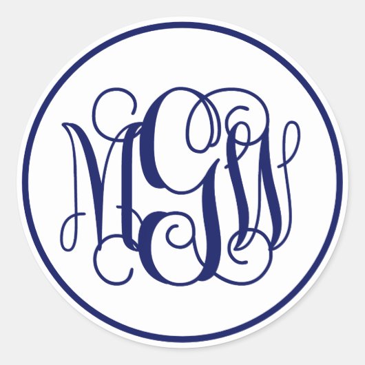 White Navy Blue Vine Script Monogram, DIY BG Ronde Sticker (Voorkant)