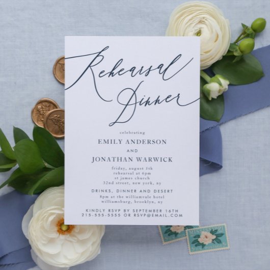White Navy Blue Wedding Rehearsal Dinner Kaart