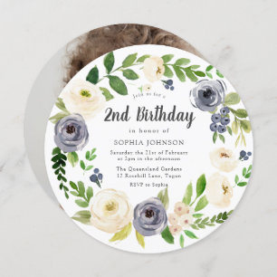 White Navy Floral Wreatfoto 2e verjaardag Kaart