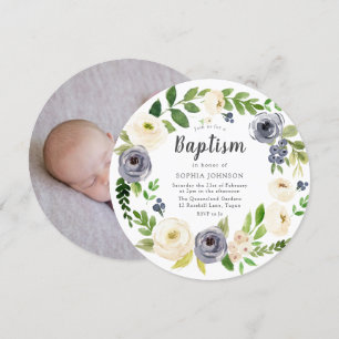 White Navy Floral Wreath Baby Photo Baptisme Kaart